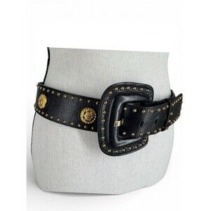 Escada Women's Gold Buckle Medallions Leather Belt Black Size 40 Vintage